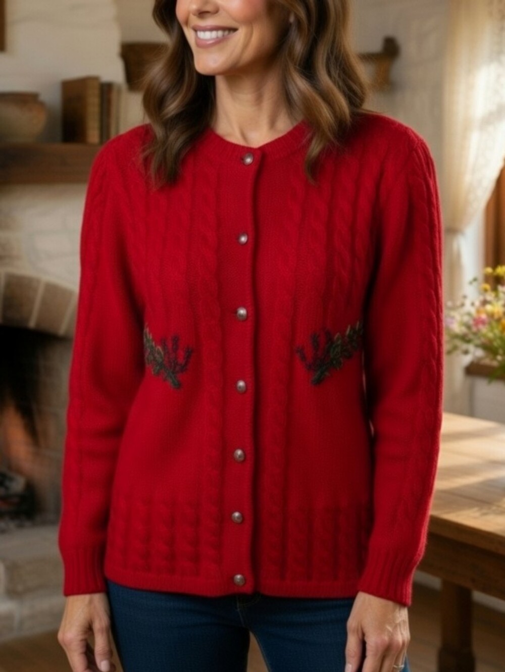 Vintage 80's Wenger International Red 100% Pure Wool Button-Up Cardigan Sweater